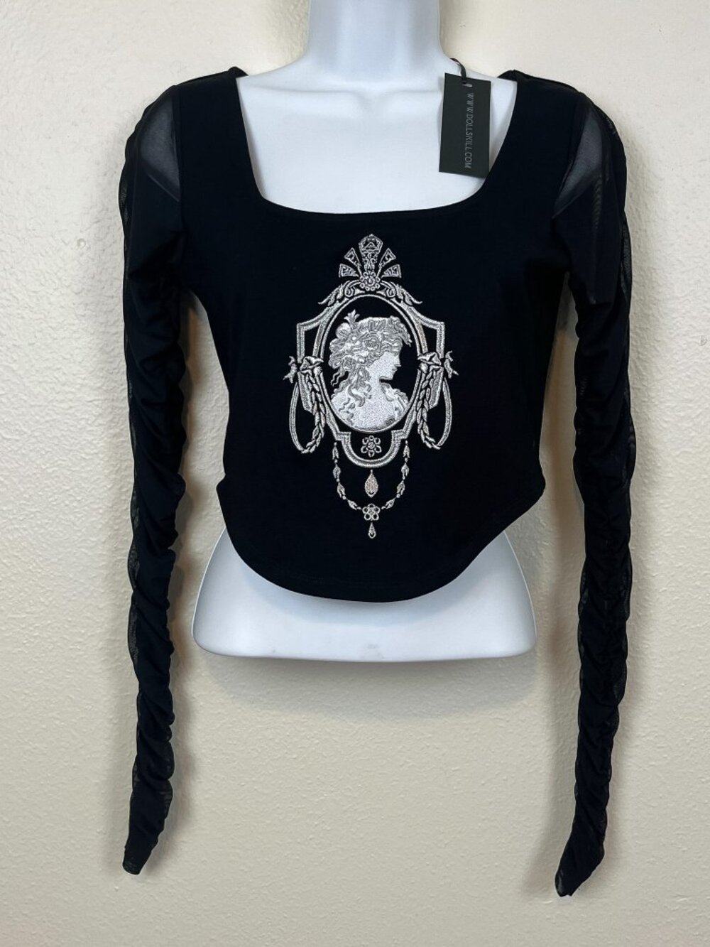 Dolls Kill Widow Cameo Top Womens M Black Low Round Neck Whimsygoth Sheer NEW